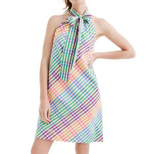 J Crew Tie Neck Dress Rainbow Gingham Sleeveless